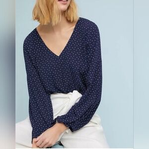 Anthropologie Maeve Pernille Polka Dot Tie Sleeve Detail Blouse in Navy EUC - S
